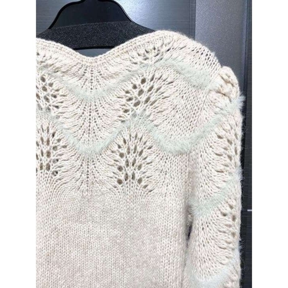 Merlette Ivory Pointelle Scalloped Chevron Knit Sweater Puff Sleeve Cream Boho - Picture 3 of 11
